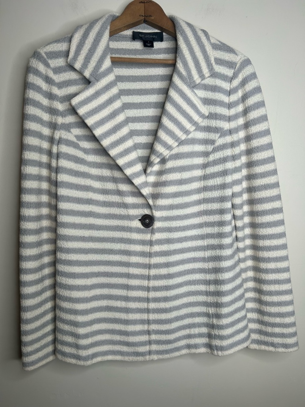 St. John Gray Cream Stripe Blazer Single Button Wool Blend Size 6